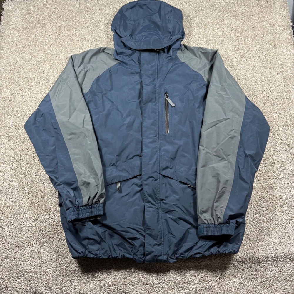 Cabelas Gore-Tex Rain Jacket Mens 2XL Tall Navy Blue Gray Waterproof Hooded Coat